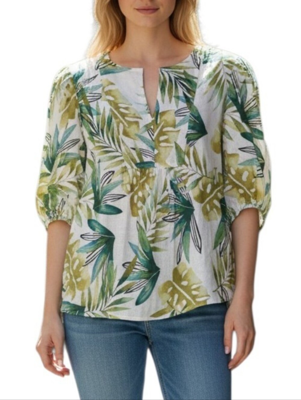 Sigrid Olsen White Pullover Blouse with Green Leaf Print